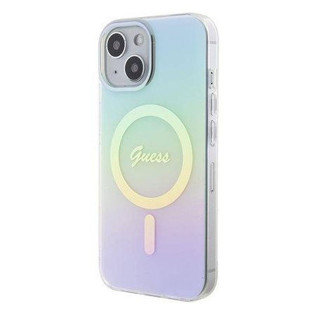 Oryginalne Etui APPLE IPHONE 15 Guess Hardcase IML Iridescent MagSafe (GUHMP15SHITSQ) turkusowe