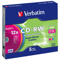 Płyta CD-RW Verbatim COLOUR SL 700MB     8-12X 5szt wielokolorowy 43167