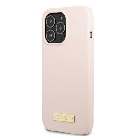 Original Case IPHONE 13 PRO MAX Guess Hard Case Silicone Logo Plate MagSafe (GUHMP13XSPLP) pink