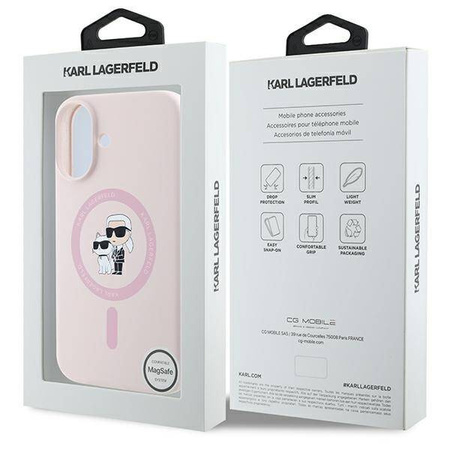 Oryginalne Etui IPHONE 16 PLUS Karl Lagerfeld Hardcase Silicone Karl&Choupette Ring MagSafe różowe