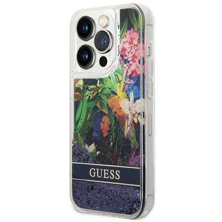 Schutzhülle IPHONE 14 PRO Guess Hardcase Flower Liquid Glitter blau