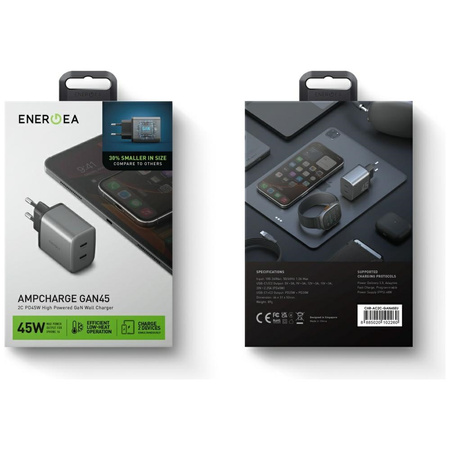 Ładowarka sieciowa Energea Ampcharge     GaN45 2xUSB-C PD/PPS/QC3.0 45W szary