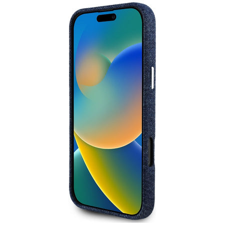 Original Handyhülle IPHONE 16 PRO MAX Guess Denim Triangle Logo MagSafe blau