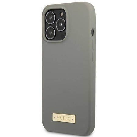 Original Handyhülle IPHONE 13 PRO Guess Hard Case Silicone Logo Plate MagSafe (GUHMP13LSPLG) grau