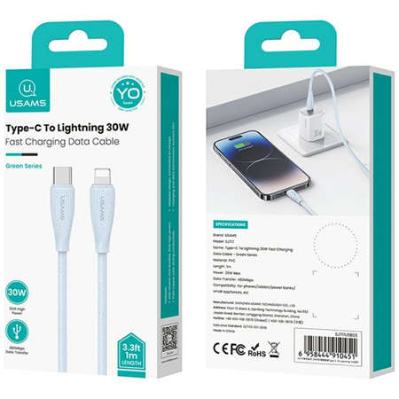 Kabel USAMS Green Series SJ717 30W USB-C do Lightning 1m niebieski