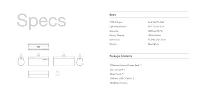 Bateria zewnętrzna (Powerbank) VEGER PlugOn - 5000mAh z wbudowanym złączem do Lightning 8-pin PD 20W (W0556L)