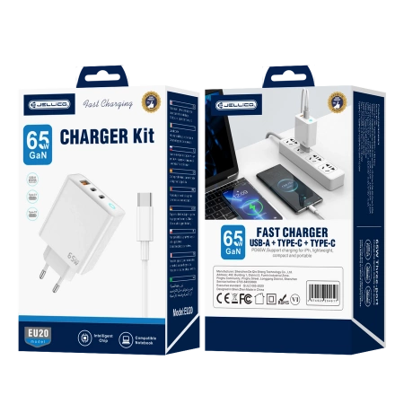 JELLICO wall charger EU20 GaN PD 65W 2xUSB-C + 1xUSB QC3.0 + cable USB-C - USB-C White