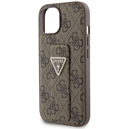 Guess Grip Stand 4G Triangle Strass Hülle für iPhone 15 – braun