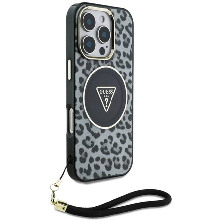 Oryginalne Etui IPHONE 16 PRO Guess HC IML Leopard Triangle Cord Strap czarne