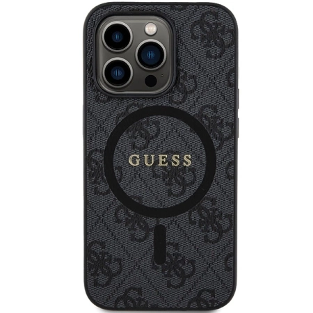 Guess 4G Collection Leder-Metall-Logo-MagSafe-Hülle für iPhone 14 Pro – Schwarz