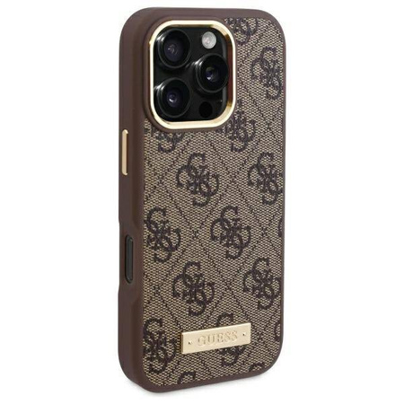 Original Handyhülle IPHONE 16 PRO MAX Guess Hardcase 4G Logo Plate MagSafe (GUHMP16XU4GPRW) braun