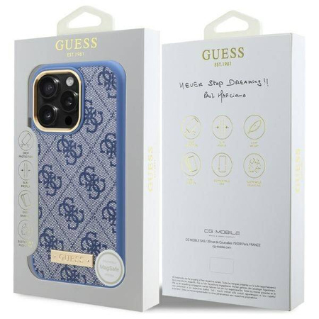Original Handyhülle IPHONE 16 PRO Guess Hardcase 4G Logo Plate MagSafe (GUHMP16LU4GPRB) blau