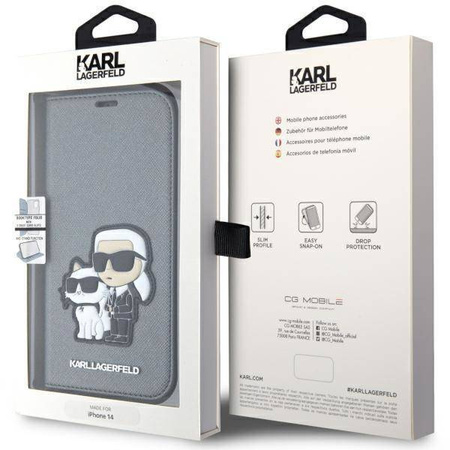 Karl Lagerfeld KLBKP14SSANKCPG iPhone 14 6.1&quot; Bücherregal Silber/Silber Saffiano Karl &amp; Choupette