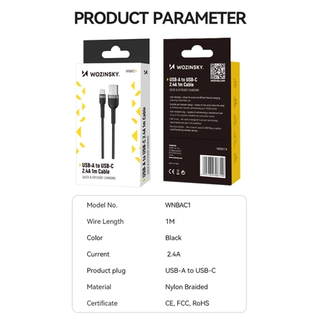 Kabel Wozinsky WNBAC2 USB-A / USB-C 2.4A 2 m - czarny