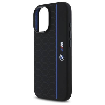 Original Handyhülle IPHONE 16 BMW Hardcase Silicone Hexagon Blue Line MagSafe (BMHMP16S23SHEB) schwarz