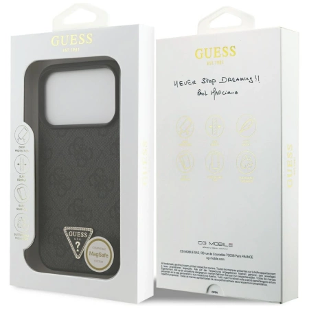 Etui Guess Leather 4G Triangle Strass MagSafe na iPhone 17 Pro - czarne