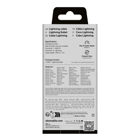 SBS TECABLEUSBIP589K USB-A - Lightning Cable 1m MFi Certified - Black