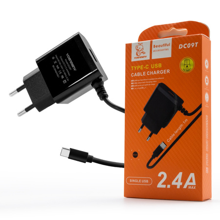 DENMEN CZARNA ŁADOWARKA SIECIOWA USB +  KABEL TYP-C DC09T-W 2,4A