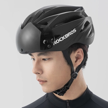 Rockbros Bike Helmet with Visor, Detachable UV Protective Goggles, Unisex - Black