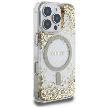 GUESS futerał do IPHONE 16 Pro Max kompatybilny z MagSafe GUHMP16XRGRGED (Resin Bottom Glitter) złoty