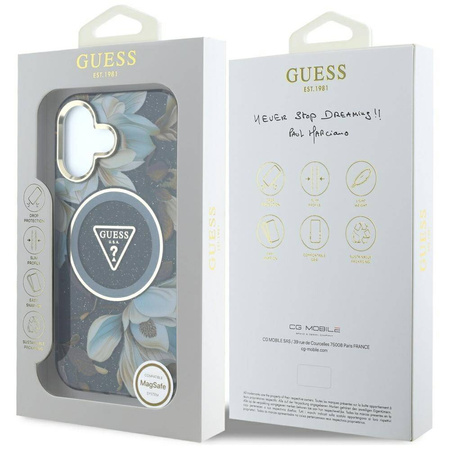 Case IPHONE 16 Guess Glitter Flowers Triangle Buttons MagSafe black