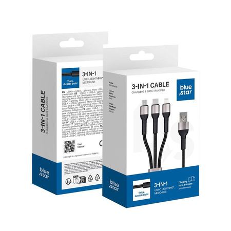 Kabel Blue Star z oplotem 3w1 ze złączami micro USB, USB C i Lightning 3A