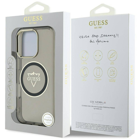 Original Handyhülle IPHONE 16 PRO Guess IML Metal Mountain Logo MagSafe schwarz