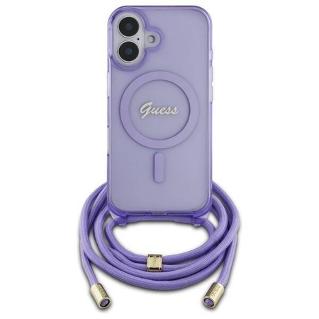 Original Handyhülle IPHONE 16 Guess Hardcase Crossbody Cord Script MagSafe (GUHMP16SHCTSGNSU) violett