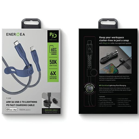 ENERGEA kabel Flow USB-C - LightningC94 MFI 1.5m niebieski/blue 60W 3A PD Fast Charge