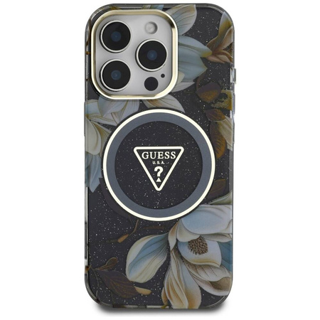 Case IPHONE 16 PRO Guess Glitter Flowers Triangle Buttons MagSafe black