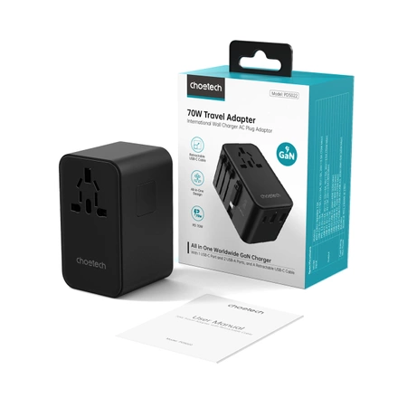 Choetech PD5022 70W EU/US/AUS/UK Reiseadapter mit integriertem USB-C-Kabel – Schwarz