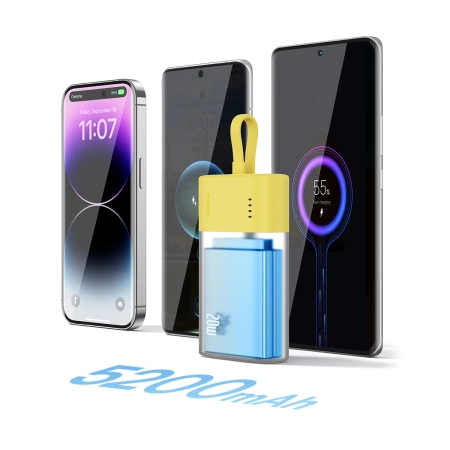 Baseus Popsicle 5200mAh 20W Powerbank with Built-in Lightning Cable (+ White Baseus Simple USB-C - USB-C 60W/20V/3A/30cm Cable) - Yellow-Pink