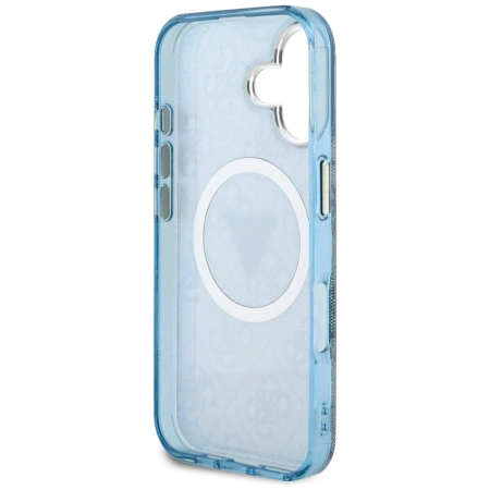 Guess IML Metal Glitter 4G Circle Triangle MagSafe Case für iPhone 16 - Blau