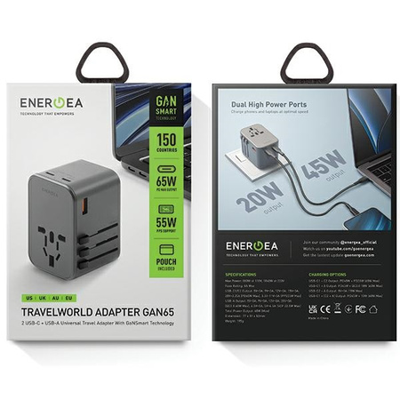 ENERGEA ład. siec. 1xUSB+2xUSB-CPD-PPS-QC 3.0 65W 1A2C adapter 4w1 US/UA/EU/UK szary/gunmetal Travelworld Adapter GaN65W