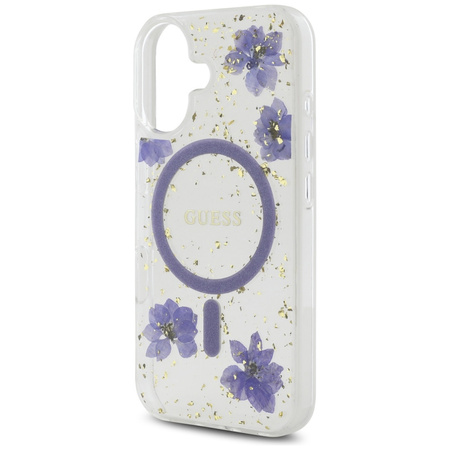 Original Case IPHONE 16 Guess Hardcase Resin Flowers Glitter MagSafe purple