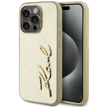 Etui Karl Lagerfeld Wrinkled Metal Signature na iPhone 15 Pro Max - złote