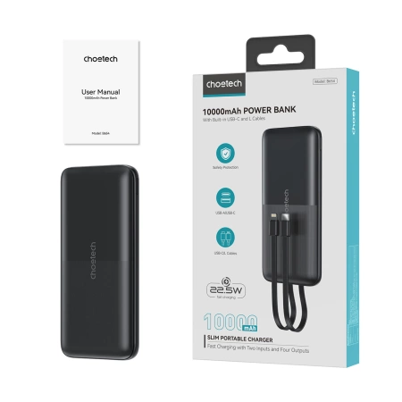 Powerbank Choetech B654 10000mAh 22.5W USB-A / USB-C / micro USB with built-in USB-C / Lightning cable - black