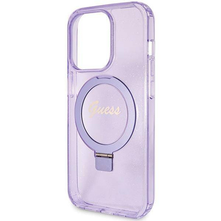 Guess Ring Stand Script Glitter MagSafe-Hülle für iPhone 15 Pro Max – Lila
