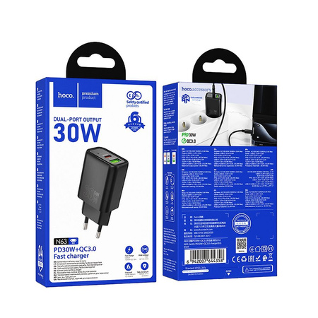 HOCO ładowarka sieciowa USB A + Typ C PD QC3.0 3A 30W N63 czarna