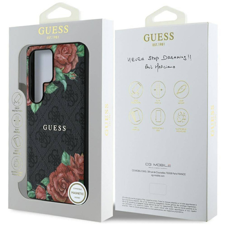 Original Case SAMSUNG GALAXY S25 ULTRA Guess Leather 4G Flowers Print Metal Classic Logo MagSafe black