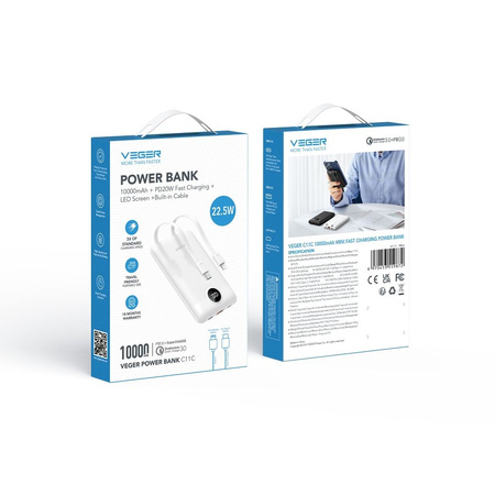 VEGER powerbank 10000 mAh z wbudowanymi kablami Typ C / Lightning PD QC3.0 2A 22,5W C11C (W1170) biały