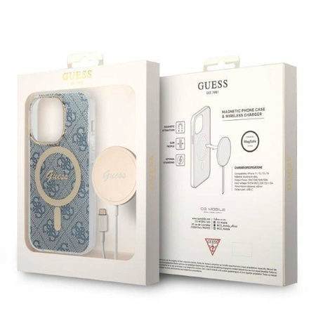 Guess Bundle Pack MagSafe 4G - Zestaw etui + ładowarka MagSafe iPhone 14 Pro Max (niebieski/złoty)
