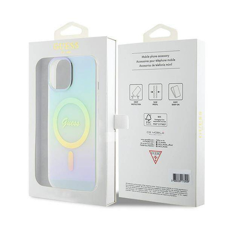 Oryginalne Etui APPLE IPHONE 15 Guess Hardcase IML Iridescent MagSafe (GUHMP15SHITSQ) turkusowe