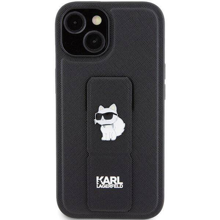 Etui Karl Lagerfeld Gripstand Saffiano Choupette Pins na iPhone 15 - czarne