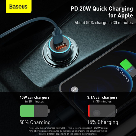 Baseus Golden Contactor Pro szybka ładowarka samochodowa USB Typ C / USB 40 W Power Delivery 3.0 Quick Charge 4+ SCP FCP AFC + kabel USB Typ C - Lightning niebieski (TZCCJD-03)
