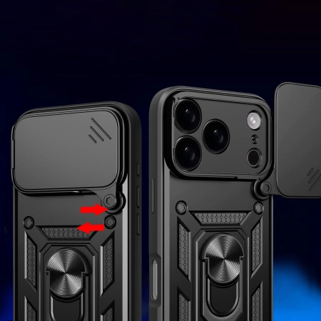 Etui Hybrid Armor Camshield na iPhone 17 Pro pancerne z podstawką i osłoną aparatu - czarne