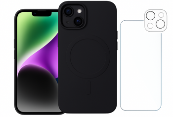 Etui do iPhone 14 czarne Magsafe + Szkło na ekran + szkło na aparat